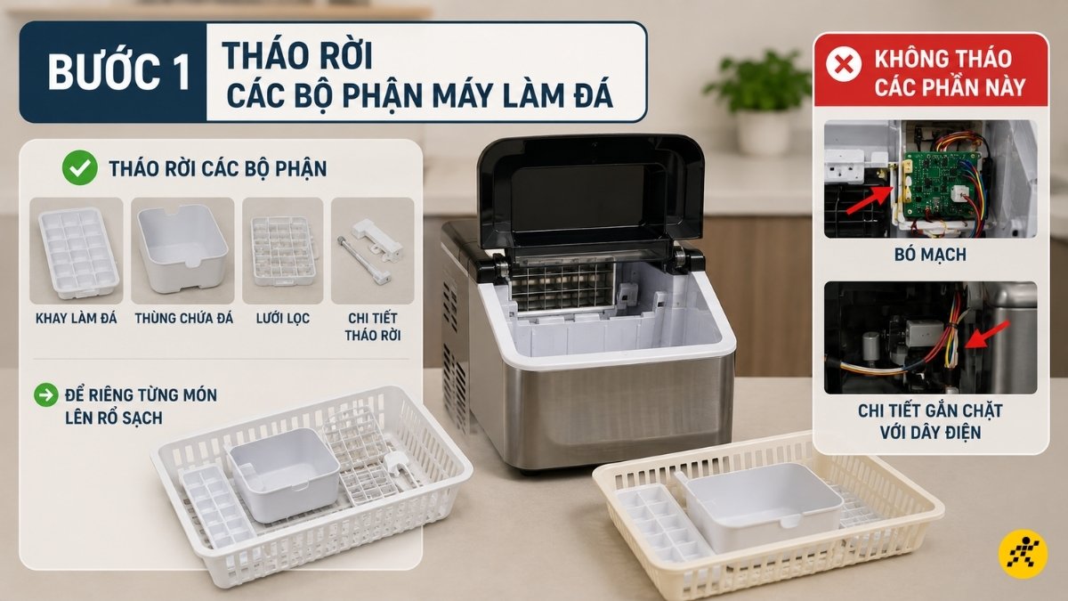 Tháo rời các bộ phận máy làm đá