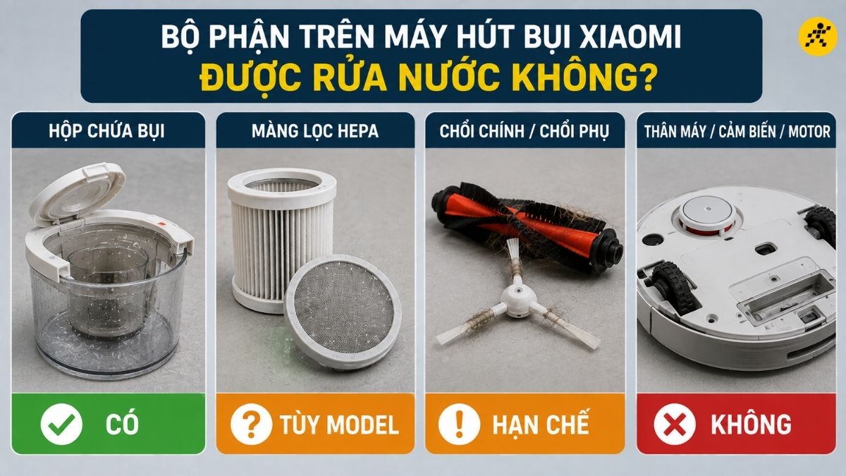 Bộ phận được và không được rửa nước trên máy hút bụi