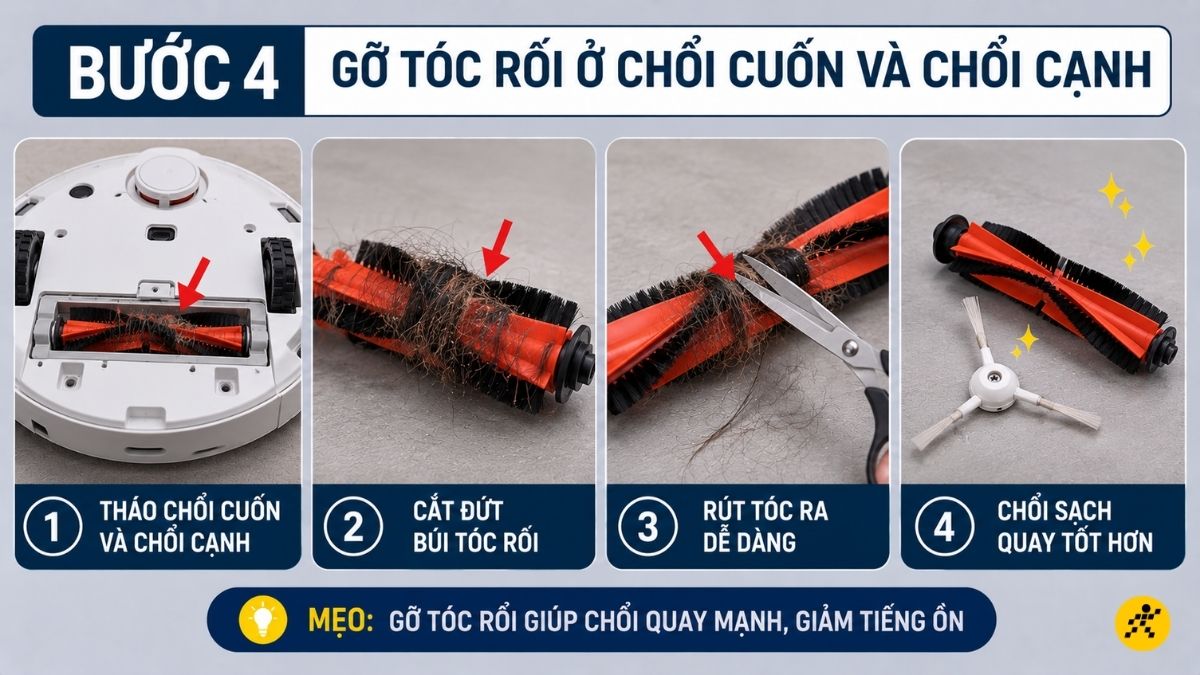 Gỡ tóc rối ở chổi cuốn và chổi cạnh