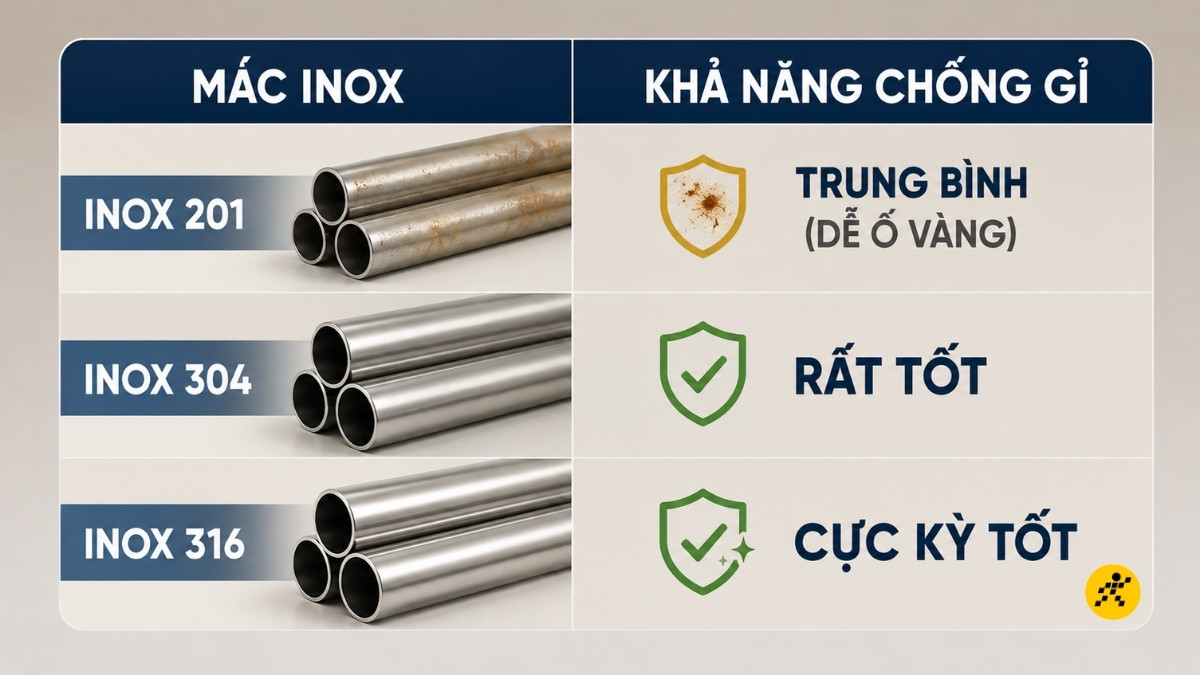So sánh các loại Inox 201, 304 và 316