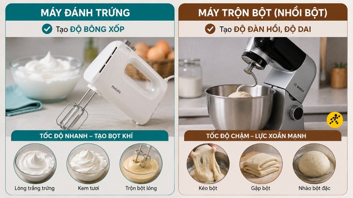 Phân biệt máy đánh trứng và máy trộn bột