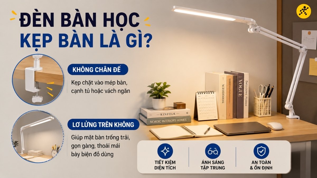 Đèn bàn học kẹp bàn được thiết kế không có chân đế