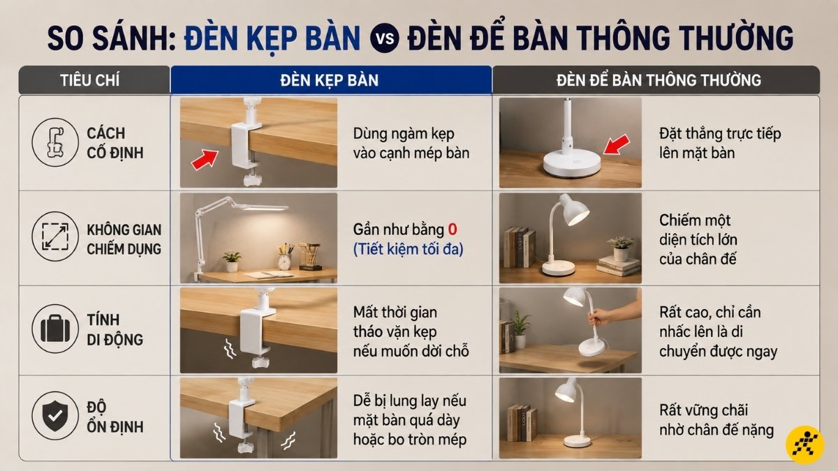 Đèn kẹp bàn với đèn để bàn thông thường