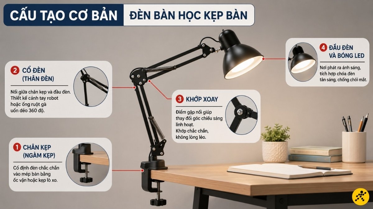 Cấu tạo đèn bàn học kẹp bàn