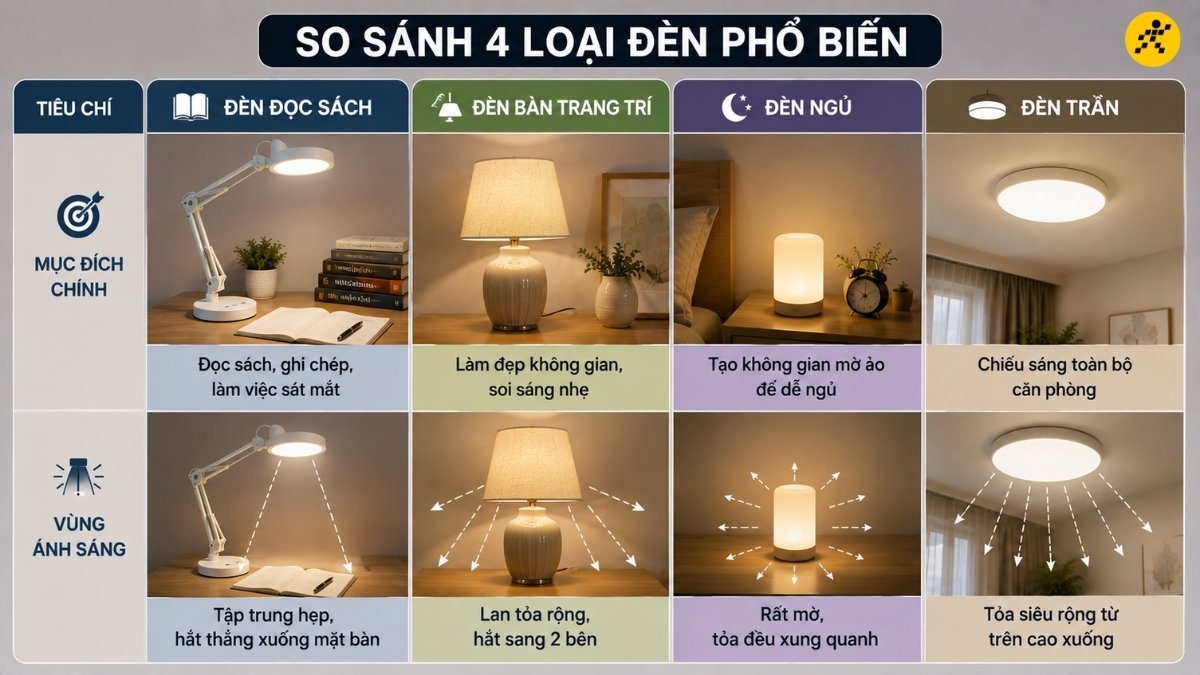 Đèn đọc sách với đèn bàn, đèn ngủ và đèn trần