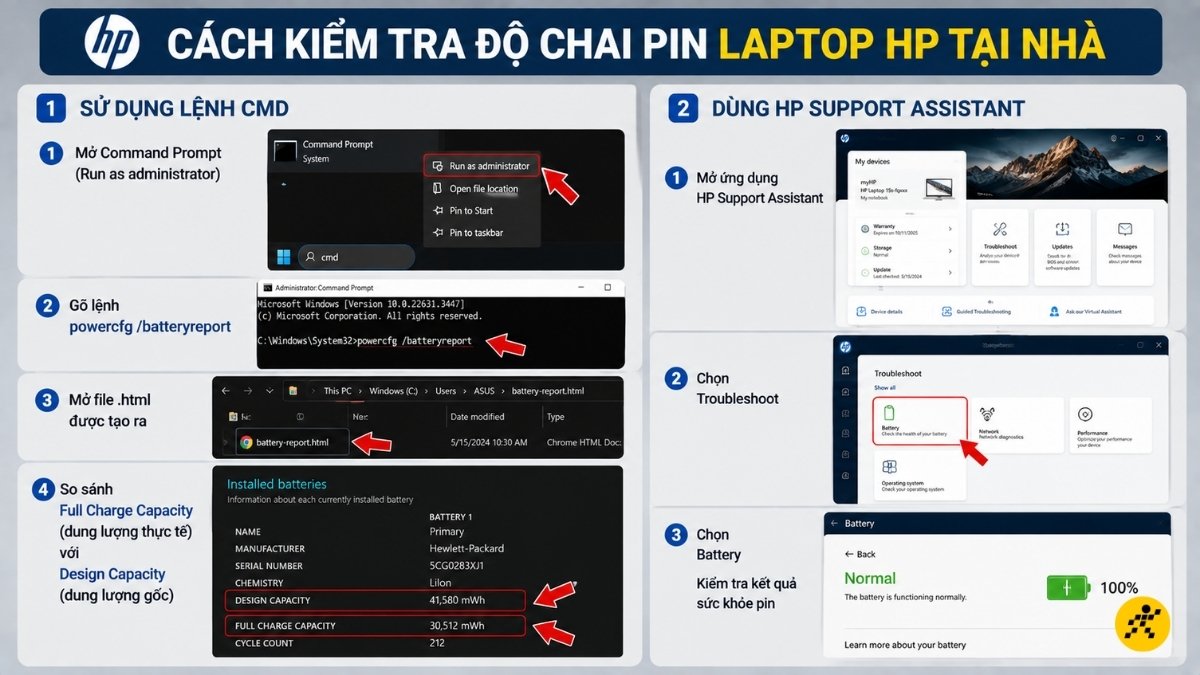 C&aacute;ch kiểm tra độ chai pin laptop HP tại nh&agrave;