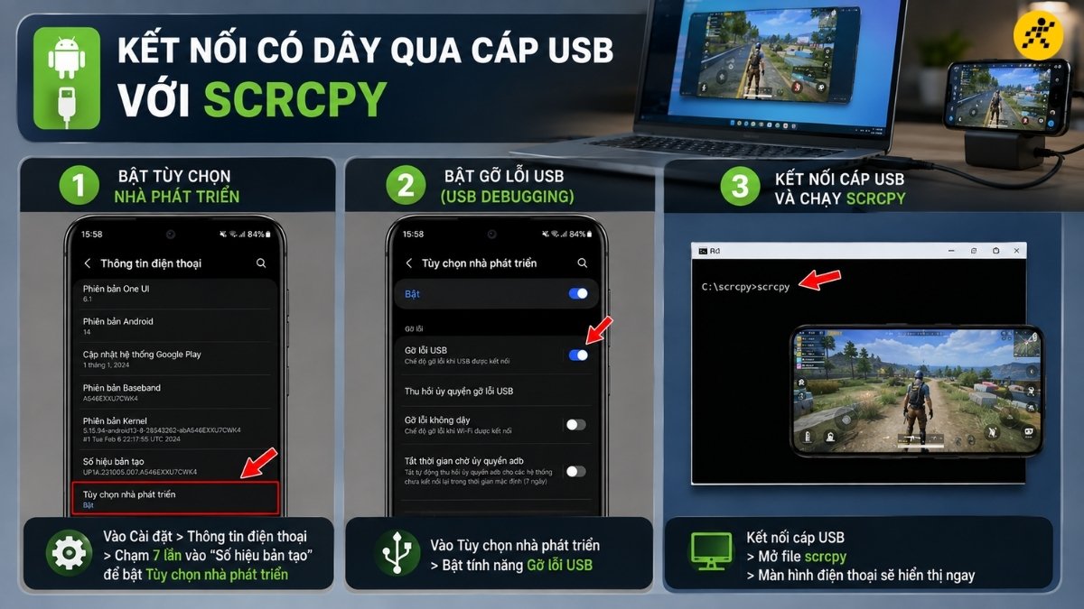 Kết nối c&oacute; d&acirc;y qua c&aacute;p USB với Scrcpy