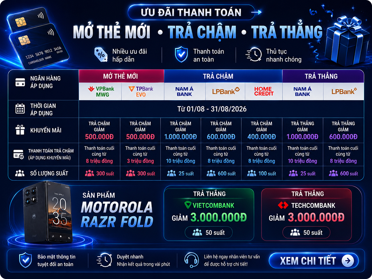 Mua motorola Razr Fold, nhận nhiều ưu đãi khi thanh toán qua thẻ tín dụng Mua motorola Razr Fold, nhận nhiều ưu đãi khi thanh toán qua thẻ tín dụng