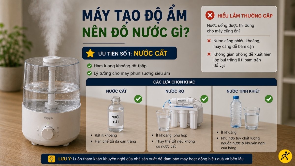 Máy tạo độ ẩm nên đổ nước cất