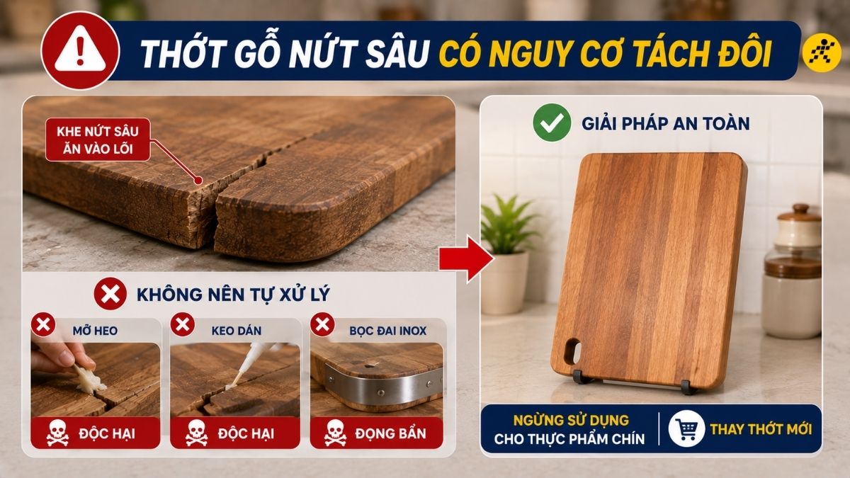 Thớt gỗ nứt sâu hoặc có nguy cơ tách đôi