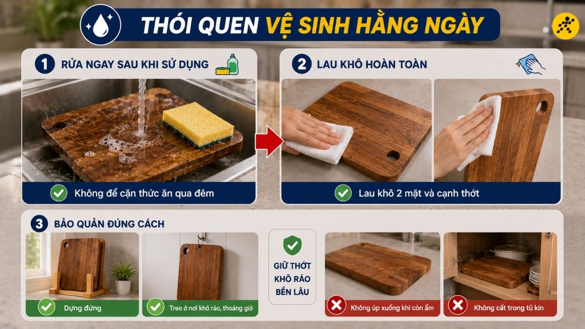 Rửa thớt bằng nước rửa chén ngay sau khi sử dụng xong