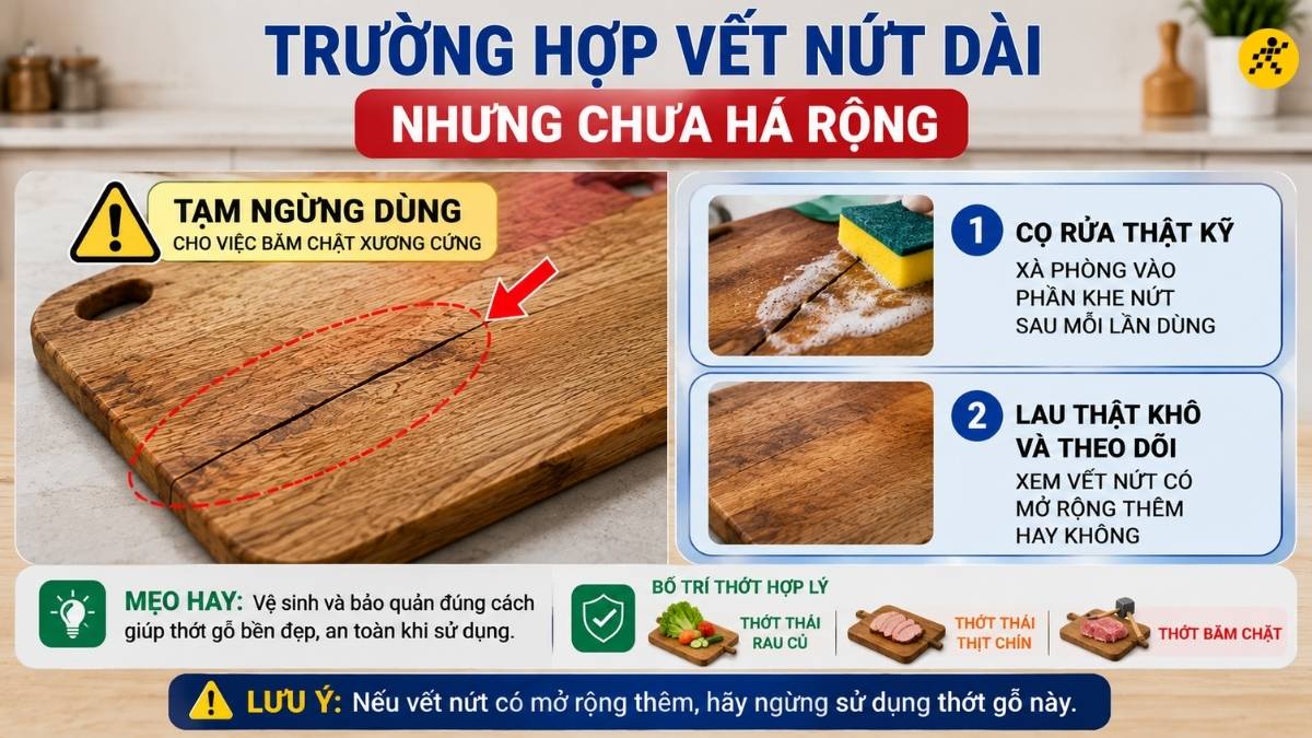Thớt gỗ xuất hiện vết nứt dài nhưng chưa há rộng