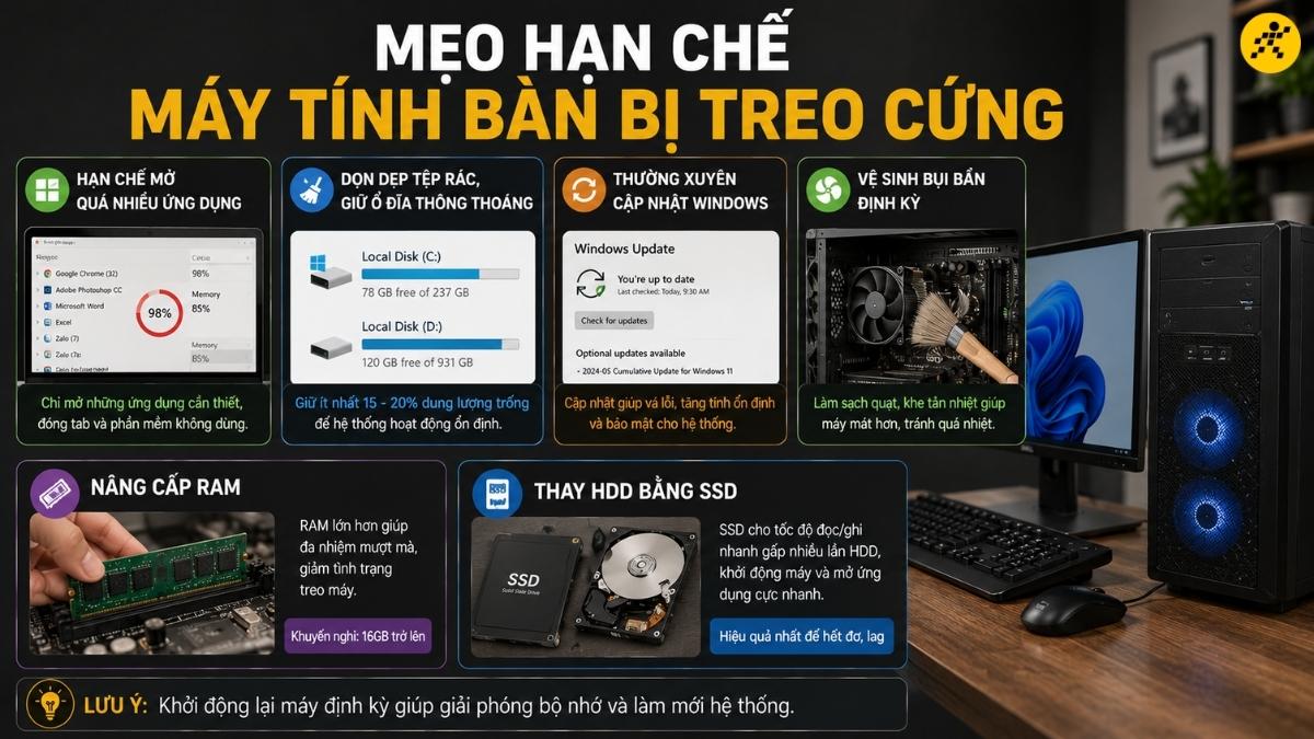 Mẹo hạn chế t&igrave;nh trạng m&aacute;y t&iacute;nh b&agrave;n bị treo cứng
