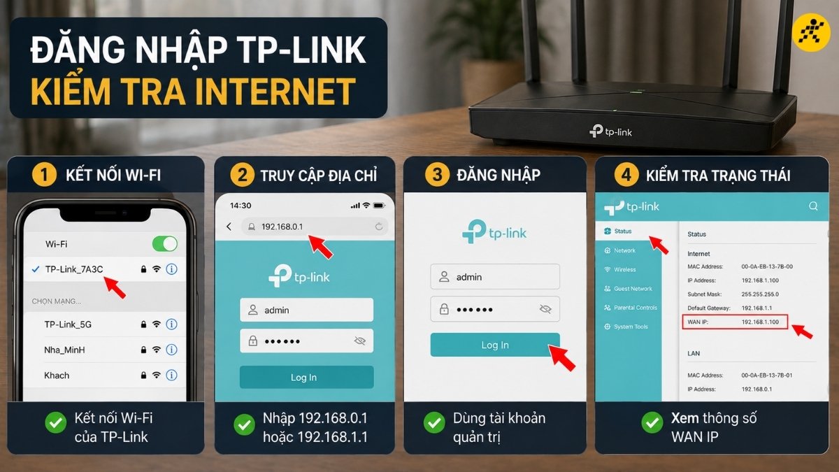 Đăng nhập TP-Link v&agrave; kiểm tra trạng th&aacute;i Internet