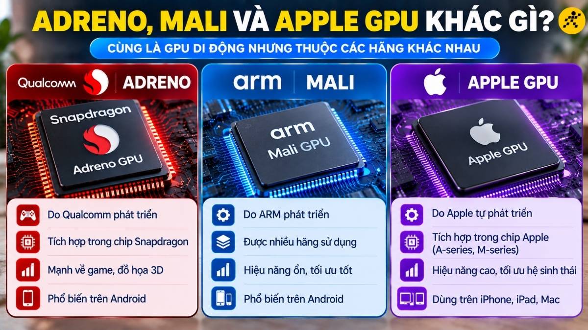 Adreno so với Mali v&agrave; Apple GPU