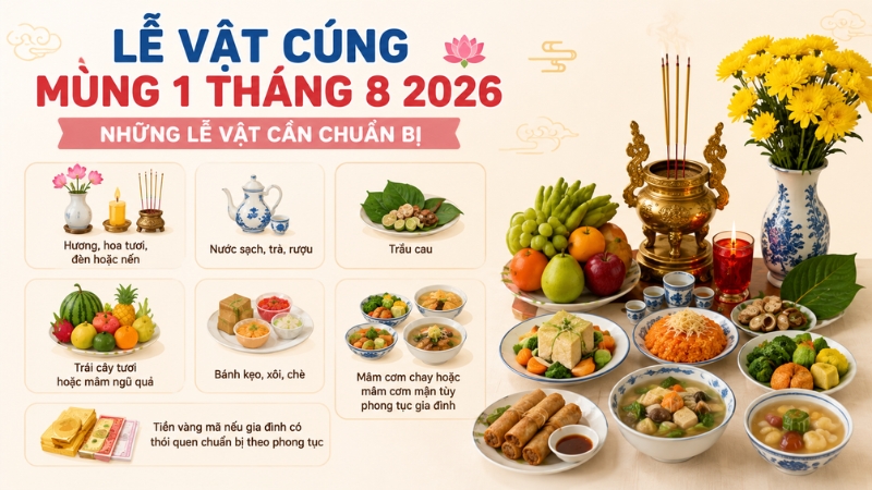 Lễ vật cúng mùng 1 tháng 8 2026 đơn giản, dễ chuẩn bị Lễ vật cúng mùng 1 tháng 8 2026 đơn giản, dễ chuẩn bị