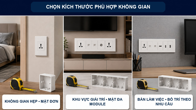  Lựa chọn kích thước mặt ổ cắm phù hợp với không gian và thiết bị điện