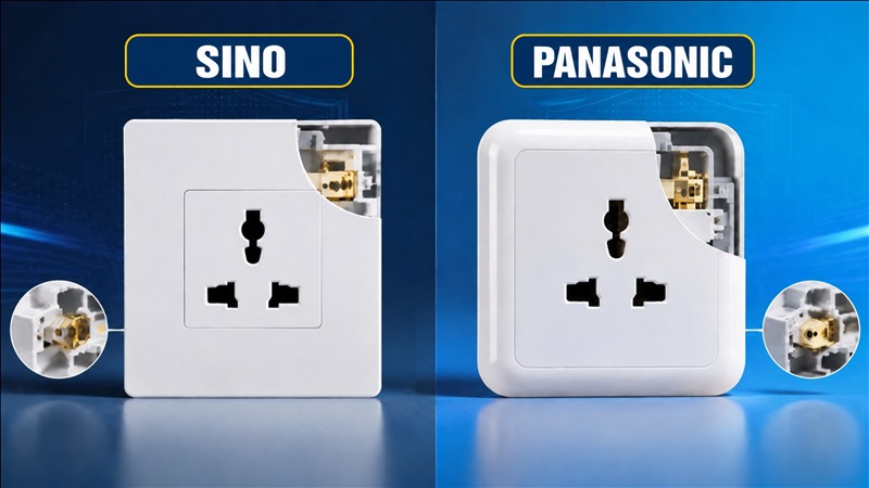Thiết kế và chất liệu của ổ cắm Sino và Panasonic