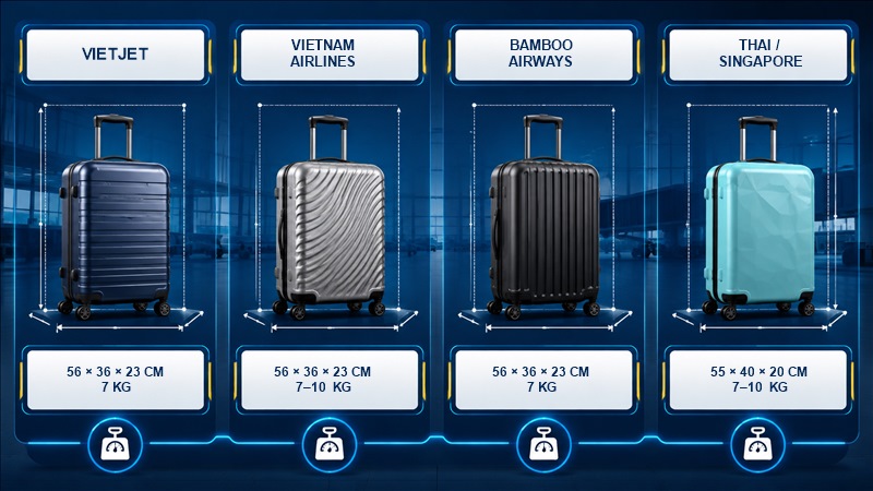 So sánh kích thước vali xách tay Vietjet với các hãng hàng không khác So sánh kích thước vali xách tay Vietjet với các hãng hàng không khác