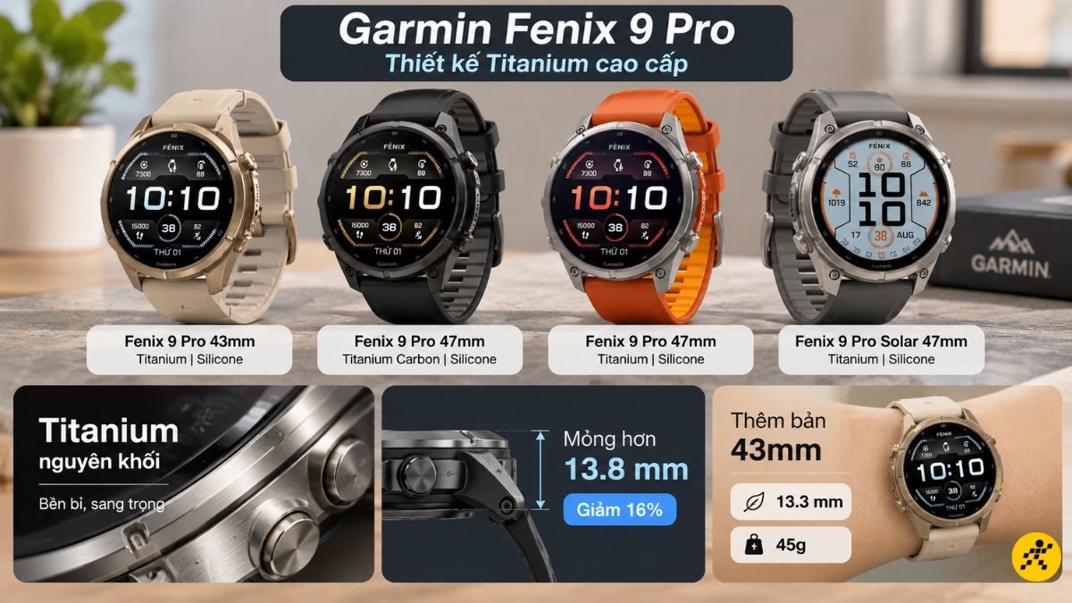 Thân vỏ Garmin Fenix 9 Pro được gia công hoàn toàn từ Titanium cao cấp Thân vỏ Garmin Fenix 9 Pro được gia công hoàn toàn từ Titanium cao cấp