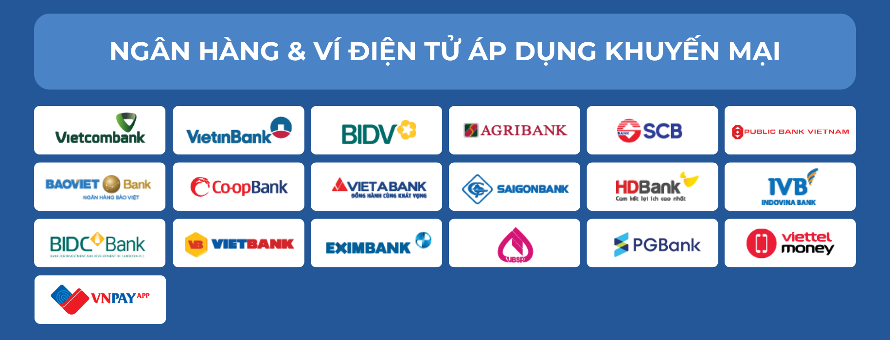 Danh sách các ứng dụng ngân hàng và ví điện tử áp dụng khuyến mại từ nguồn tiền thẻ tín dụng bao gồm: Danh sách các ứng dụng ngân hàng và ví điện tử áp dụng khuyến mại từ nguồn tiền thẻ tín dụng bao gồm: