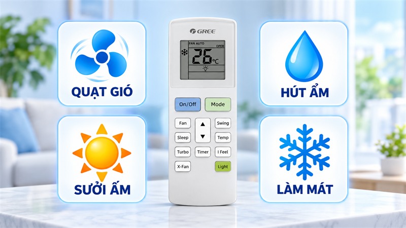 Các biểu tượng cơ bản trên điều khiển điều hòa Gree
