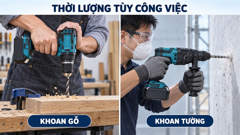 Thời lượng pin khi khoan gỗ và khoan tường