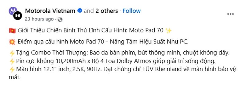 Fanpage Motorola Vietnam Tiếp Tục Hé Lộ Về Moto Pad 70, Sau Pad 60 Neo Không Lâu