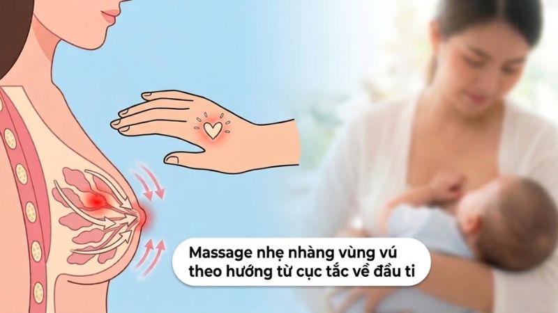 Massage nhẹ nh&agrave;ng v&ugrave;ng v&uacute; gi&uacute;p cải thiện t&igrave;nh trạng tắc tia sữa