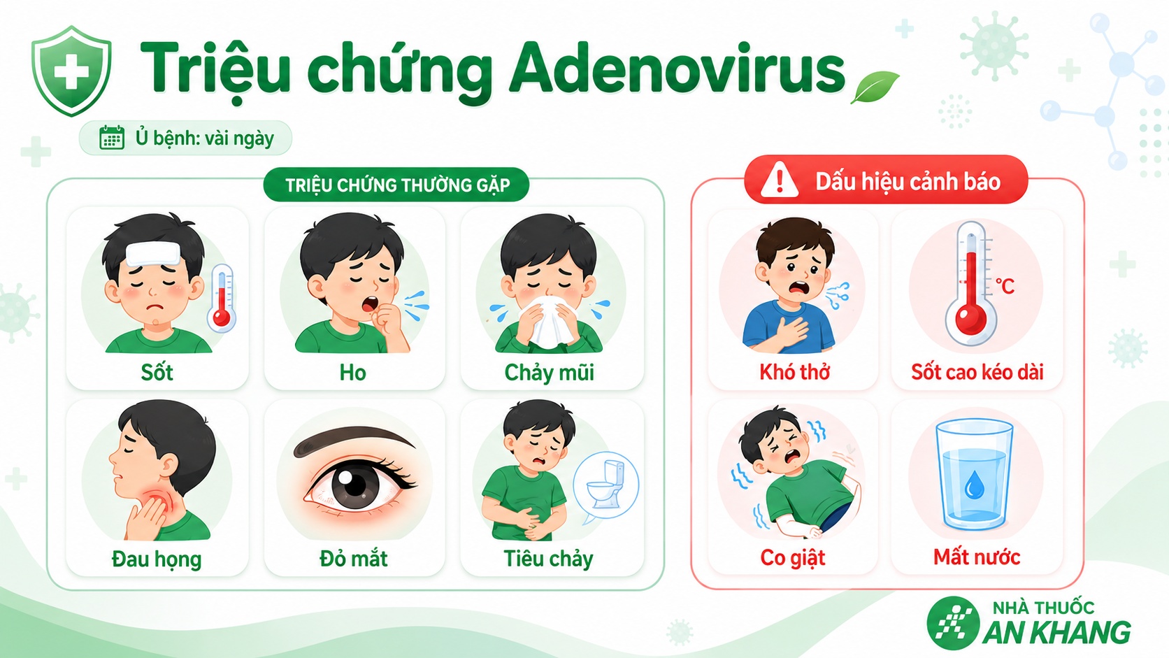 Sốt, ho, đau họng, chảy mũi, đỏ mắt và tiêu chảy là những triệu chứng thường gặp khi nhiễm adenovirus.