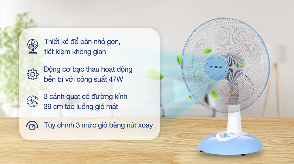 Quạt bàn có công suất 47W phù hợp với phòng từ dưới 15m² - 25m²