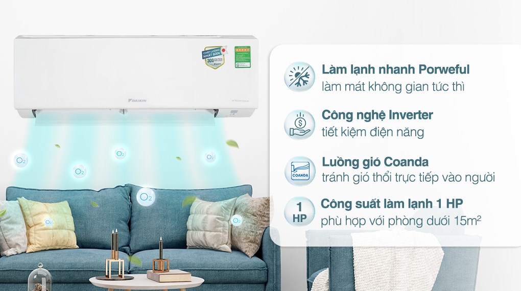 Máy lạnh Daikin Inverter 1 HP ATKB25YVMV mang đến không khí mát lạnh tối ưu cho căn phòng có diện tích 15m2
