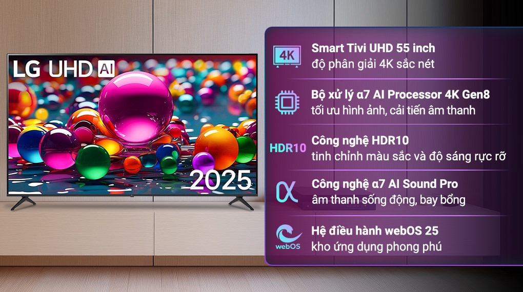 Smart Tivi LG AI 4K 55 inch 55UA8450PSA có công nghệ α7 AI Sound Pro nâng cấp và tối ưu hóa âm thanh