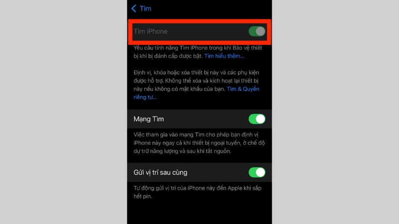 Gạt công tắc để tắt tính năng Tìm iPhone