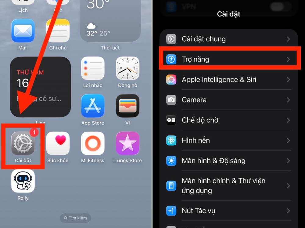 Mở C&agrave;i đặt > Chọn Trợ năng