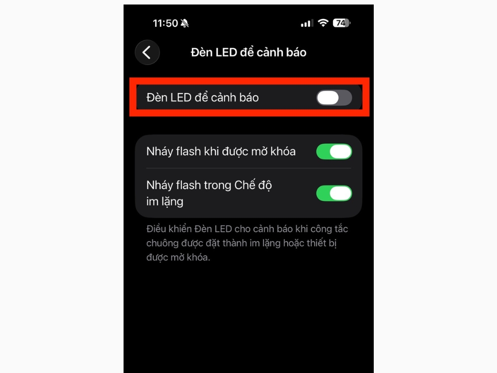 Tắt mục Đ&egrave;n LED để cảnh b&aacute;o