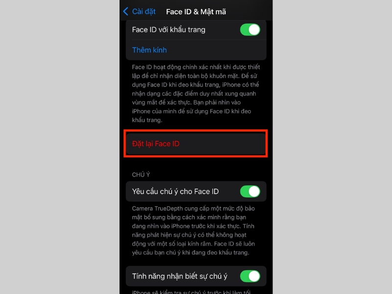Nhấn Đặt lại Face ID Nhấn Đặt lại Face ID
