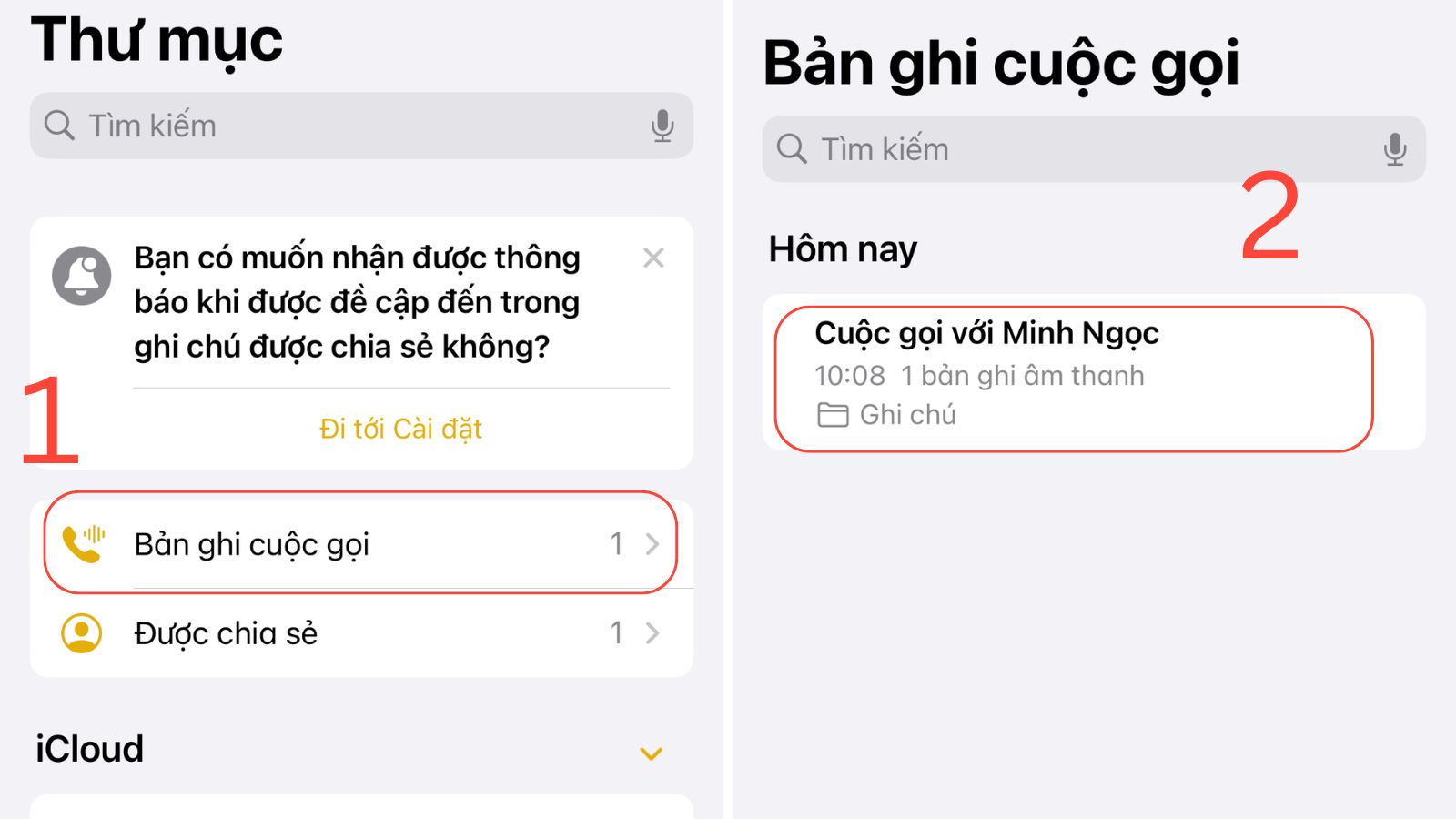 Chọn Bản ghi cuộc gọi > Chọn tên bản ghi bạn muốn nghe lại