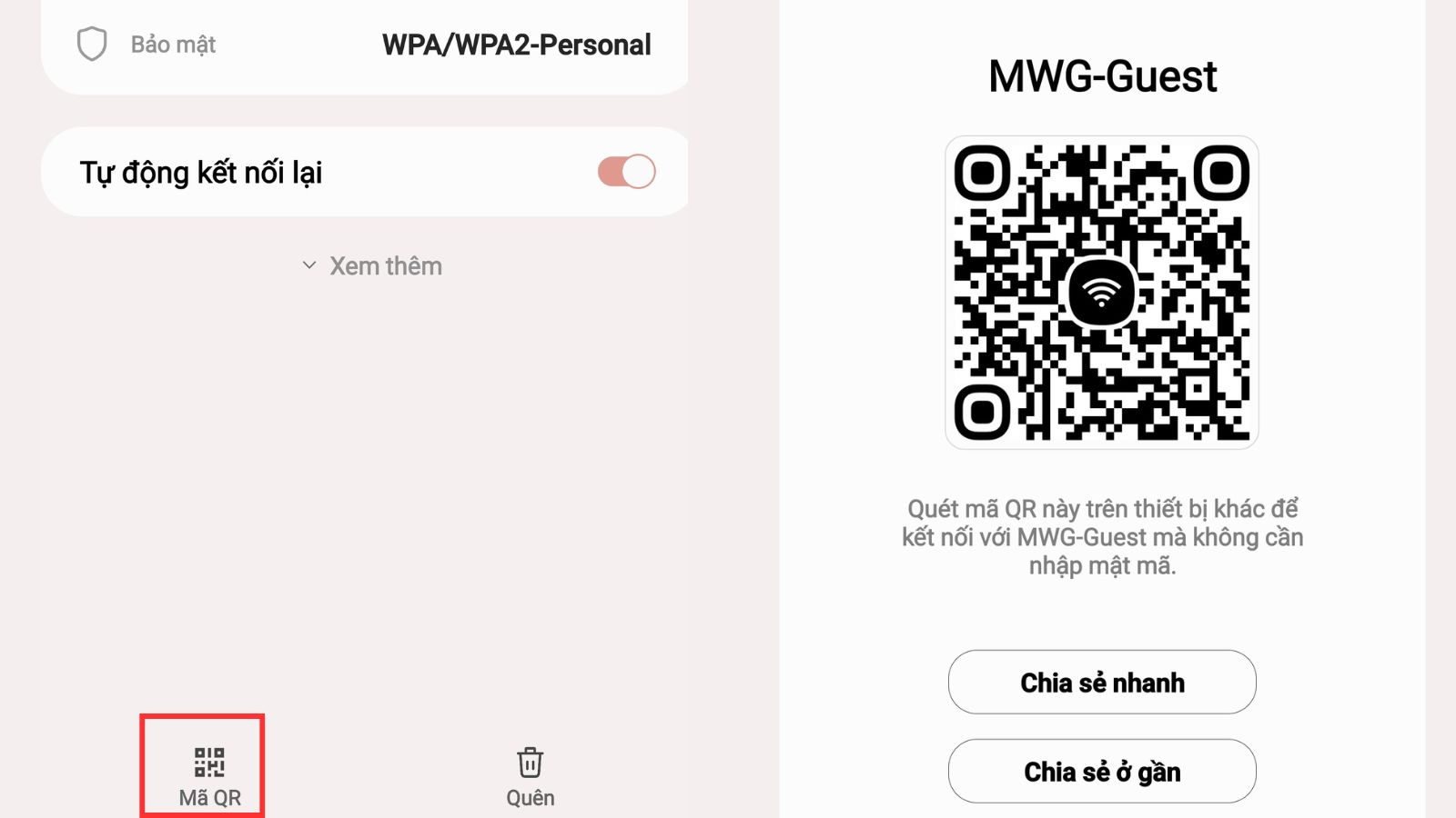 Chọn mã QR  lấy mã QR để quét wifi