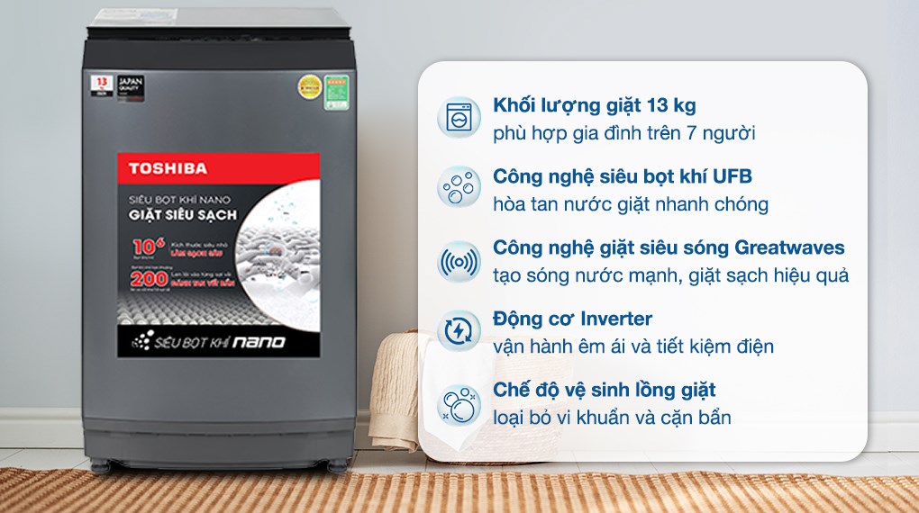 Máy giặt Toshiba Inverter 13 kg AW-DUM1400LV (MK) có khối lượng giặt tối đa 12kg, đáp ứng nhu cầu giặt đồ của gia đình trên 7 thành viên
