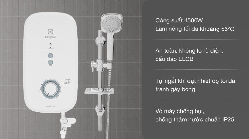 Máy nước nóng trực tiếp Electrolux 4500W EWE451KX-DWB2 tránh tình trạng cháy nổ, chập mạch điện với bộ chống rò rỉ điện thông minh ELCB