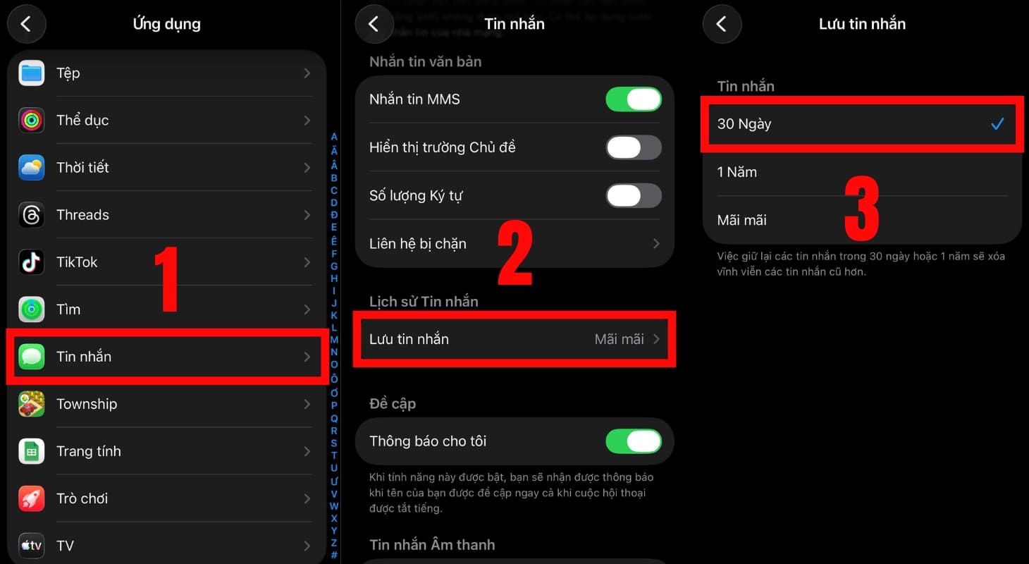 Cài đặt lưu trữ tin nhắn văn bản trong 30 ngày