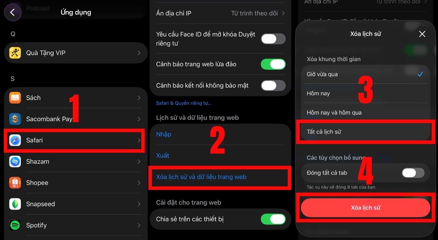 Xoá lịch sử web của trình duyệt Safari để giải phóng bộ nhớ iPhone