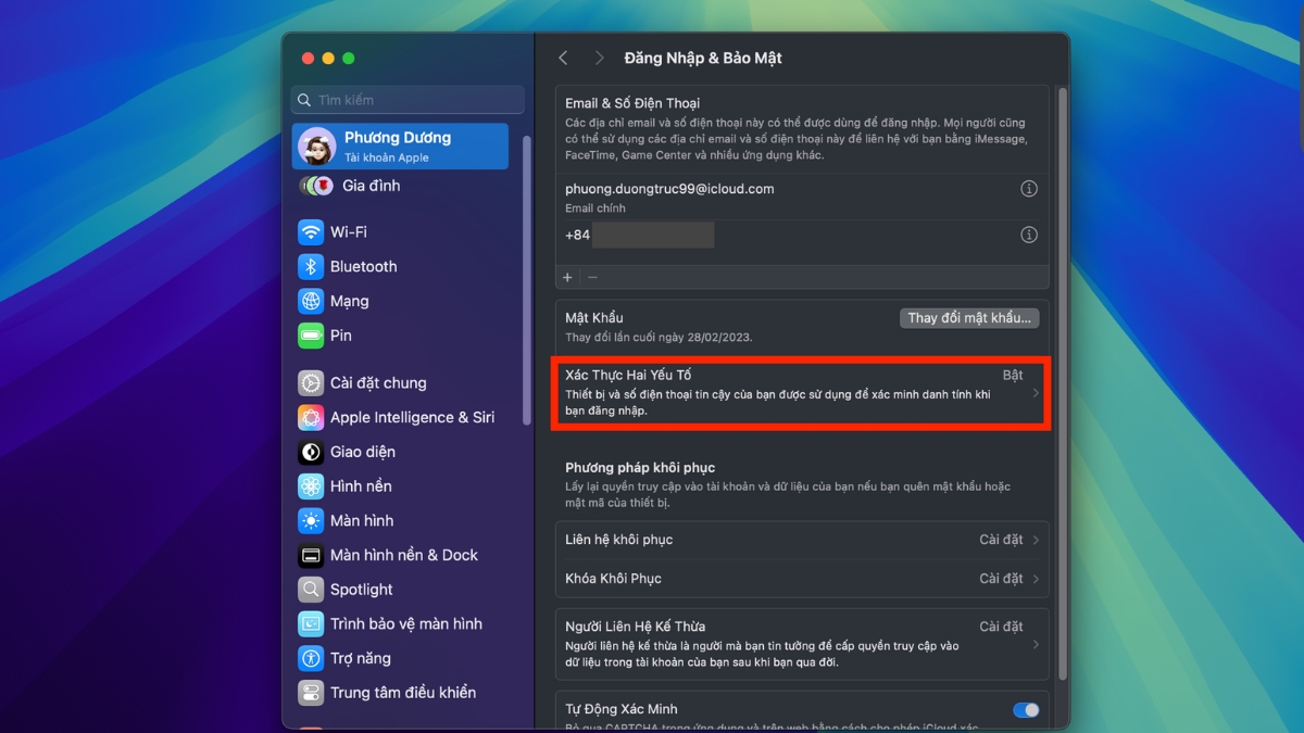 Tìm mục Xác thực hai yếu tố và nhấn Bật Tìm mục Xác thực hai yếu tố và nhấn Bật