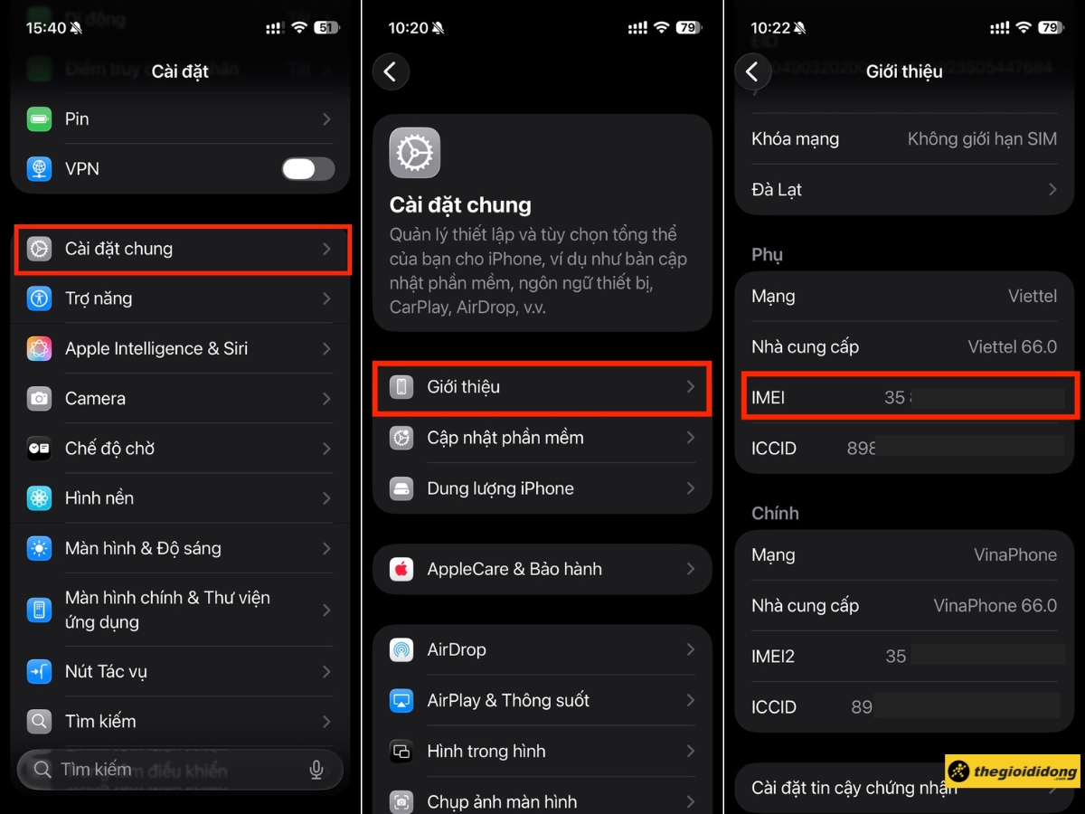 C&agrave;i đặt chung > Giới thiệu > Sao ch&eacute;p d&atilde;y số IMEI