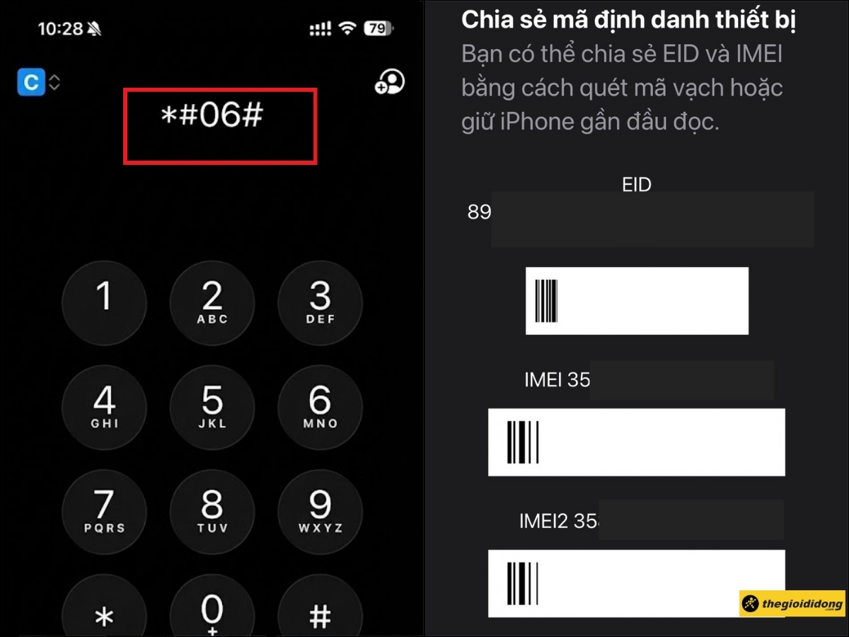 Bấm *#06# > Pop-up tự hiện IMEI