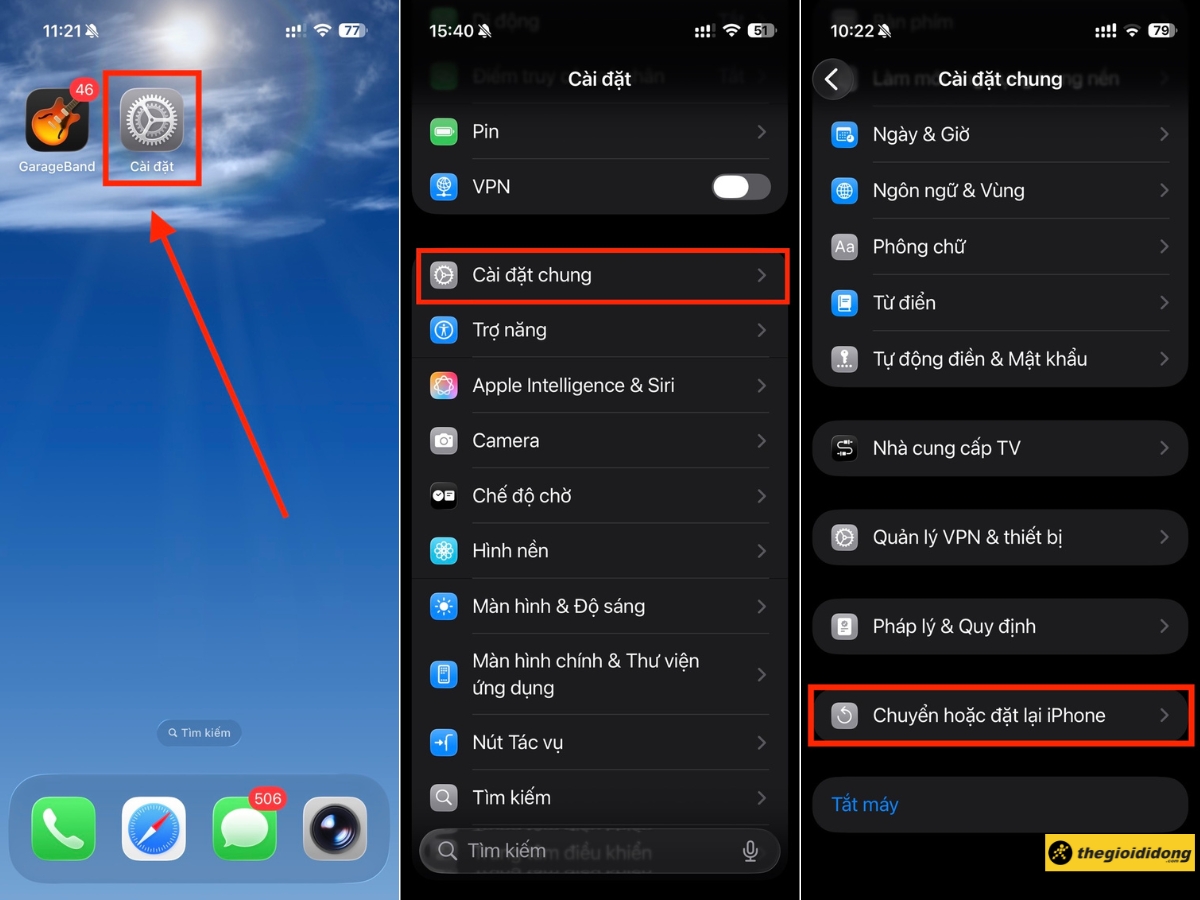 C&agrave;i đặt > C&agrave;i đặt chung > Chuyển hoặc đặt lại iPhone