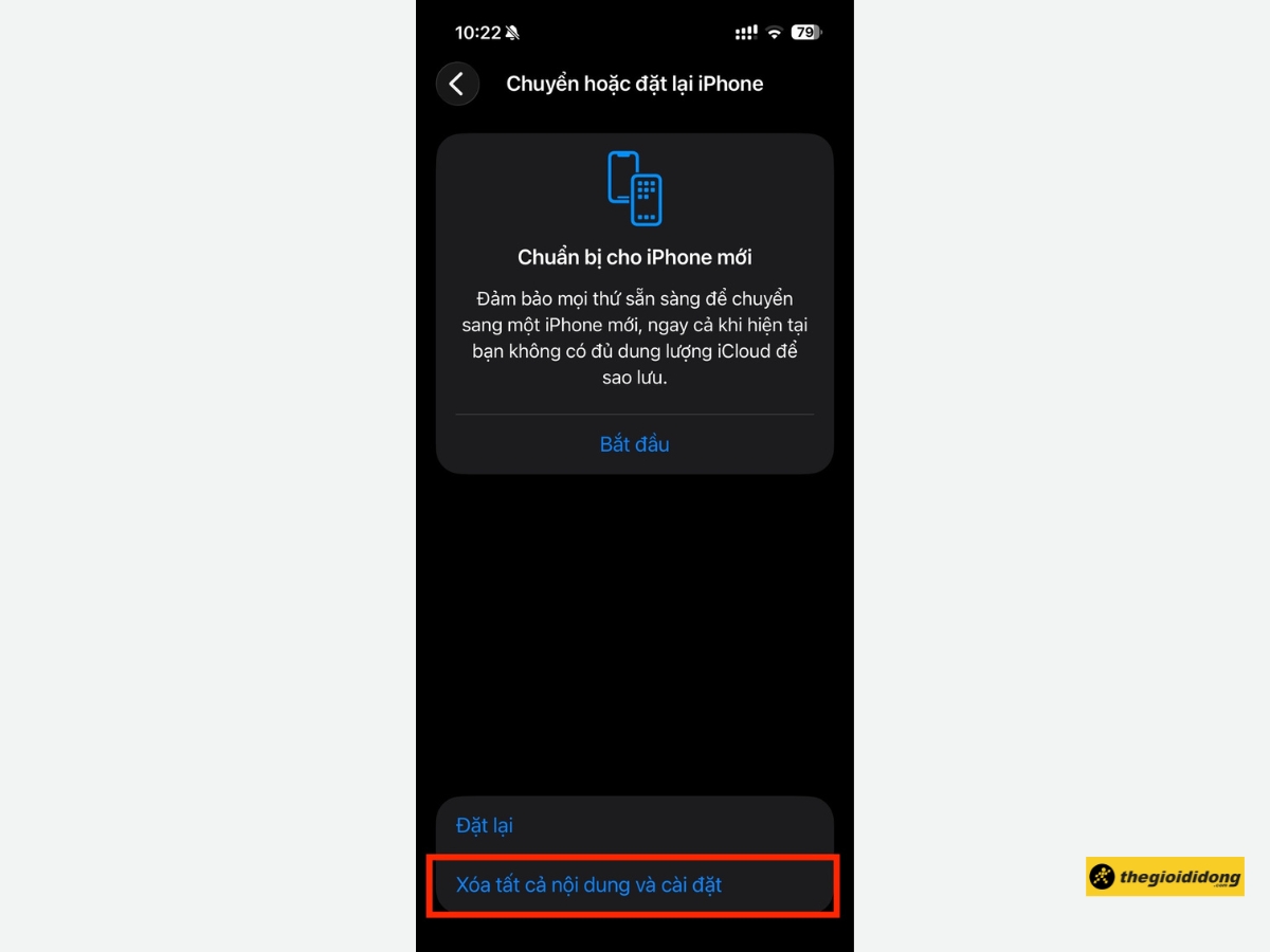 Chọn X&oacute;a tất cả nội dung v&agrave; c&agrave;i đặt