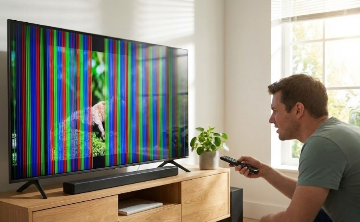 Tivi tình trạng sọc màn hình, có thể tivi bị nhiễu sóng bởi các thiết bị gần đó, dẫn đến tình trạng sọc màn hình xảy ra trên tivi Tivi tình trạng sọc màn hình, có thể tivi bị nhiễu sóng bởi các thiết bị gần đó, dẫn đến tình trạng sọc màn hình xảy ra trên tivi