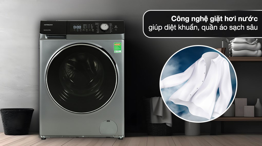 Máy giặt sấy Hitachi Inverter giặt 8.5 kg - sấy 5 kg BD-D852HVOS trang bị công nghệ giặt hơi nước giúp diệt khuẩn và giảm nhăn hiệu quả Máy giặt sấy Hitachi Inverter giặt 8.5 kg - sấy 5 kg BD-D852HVOS trang bị công nghệ giặt hơi nước giúp diệt khuẩn và giảm nhăn hiệu quả